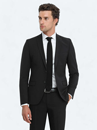 Siyah Düz Slim Fit Yün Karışımlı Takım Elbise