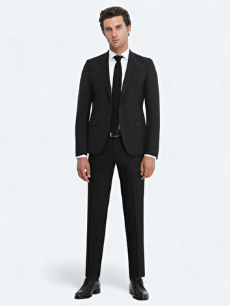 Siyah Düz Slim Fit Yün Karışımlı Takım Elbise