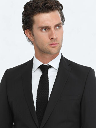 Siyah Düz Slim Fit Yün Karışımlı Takım Elbise