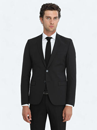 Siyah Düz Slim Fit Yün Karışımlı Takım Elbise
