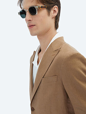 Kahverengi Düz Modern Fit %100 Keten Takım Elbise