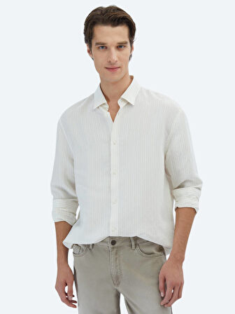 Safran Çizgili Oversize Fit Dokuma Casual Gömlek