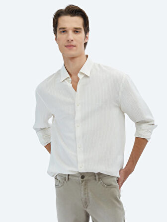 Safran Çizgili Oversize Fit Dokuma Casual Gömlek