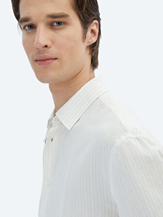 Safran Çizgili Oversize Fit Dokuma Casual Gömlek