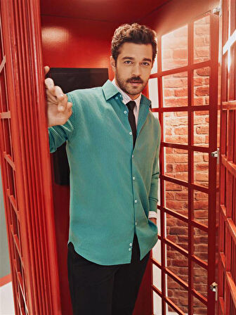 Nil Yeşili Oversize Fit Dokuma Casual Gömlek