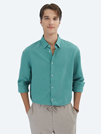 Nil Yeşili Oversize Fit Dokuma Casual Gömlek