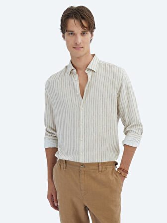 Bej Baskılı Regular Fit Dokuma Casual Gömlek