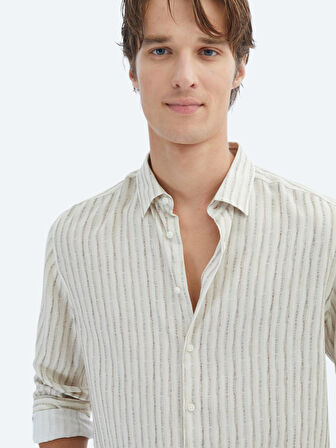 Bej Baskılı Regular Fit Dokuma Casual Gömlek