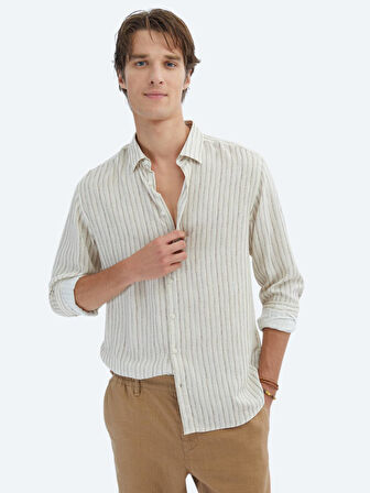 Bej Baskılı Regular Fit Dokuma Casual Gömlek