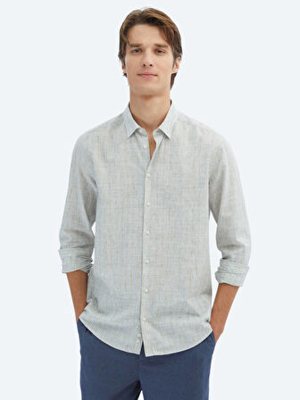 Mavi Çizgili Regular Fit Dokuma Casual Pamuk Karışımlı Gömlek