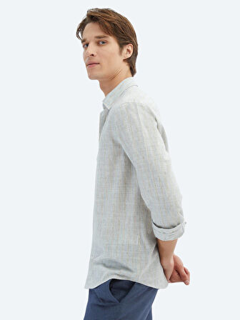 Mavi Çizgili Regular Fit Dokuma Casual Pamuk Karışımlı Gömlek