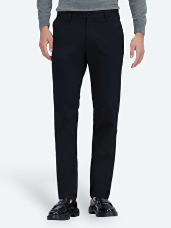 Siyah Düz Dokuma Regular Fit Casual Pamuk Karışımlı Pantolon