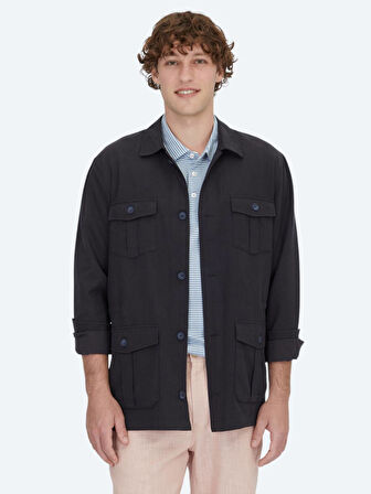 Lacivert Oversize Fit Dokuma Pamuk Karışımlı Overshırt