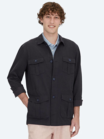 Lacivert Oversize Fit Dokuma Pamuk Karışımlı Overshırt