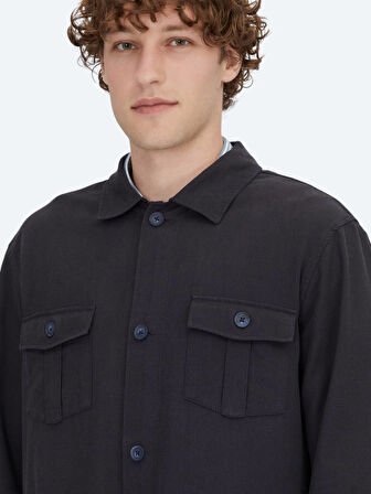 Lacivert Oversize Fit Dokuma Pamuk Karışımlı Overshırt