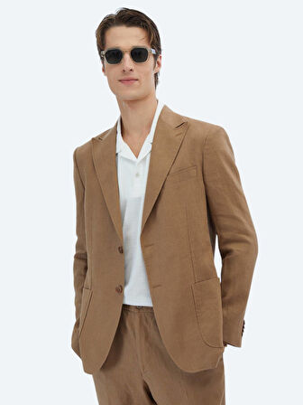 Kahverengi Düz Modern Fit %100 Keten Takım Elbise