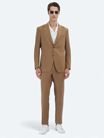 Kahverengi Düz Modern Fit %100 Keten Takım Elbise