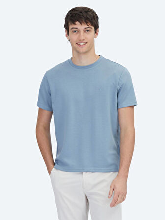 Mavi Düz Bisiklet Yaka T-Shirt