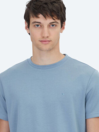 Mavi Düz Bisiklet Yaka T-Shirt