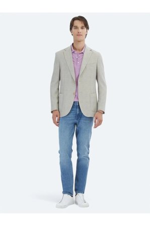Açık Haki Desenli Modern Fit Keten Karışımlı Ceket