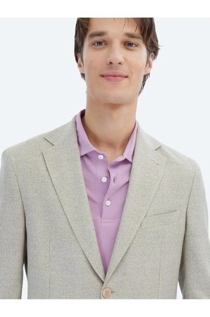 Açık Haki Desenli Modern Fit Keten Karışımlı Ceket