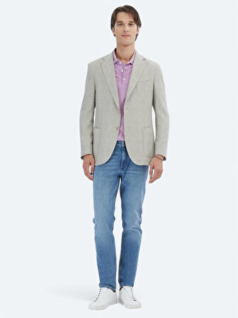 Açık Haki Desenli Modern Fit Keten Karışımlı Ceket