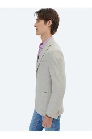 Açık Haki Desenli Modern Fit Keten Karışımlı Ceket