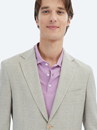 Açık Haki Desenli Modern Fit Keten Karışımlı Ceket