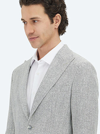 Gri Desenli Modern Fit Keten Karışımlı Ceket