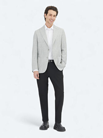 Gri Desenli Modern Fit Keten Karışımlı Ceket