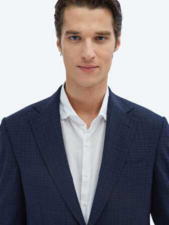 Lacivert Kareli Modern Fit Yün Karışımlı Takım Elbise