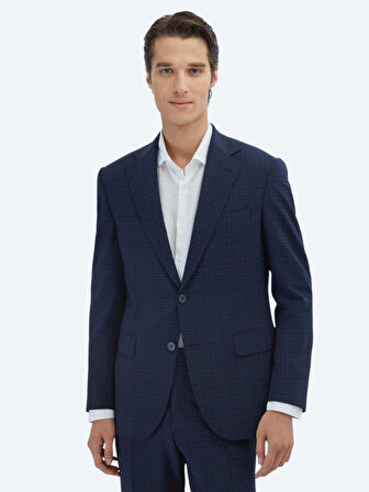 Lacivert Kareli Modern Fit Yün Karışımlı Takım Elbise