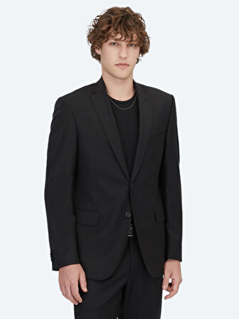 Siyah Düz Slim Fit Yün Karışımlı Takım Elbise