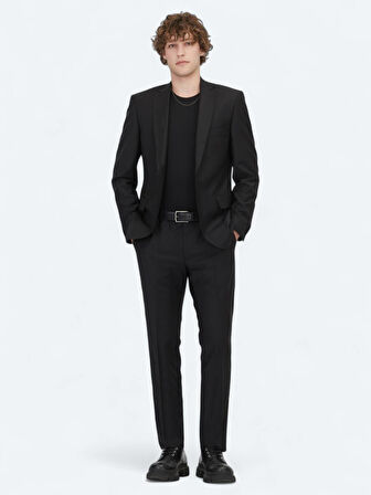 Siyah Düz Slim Fit Yün Karışımlı Takım Elbise