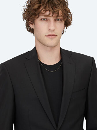 Siyah Düz Slim Fit Yün Karışımlı Takım Elbise