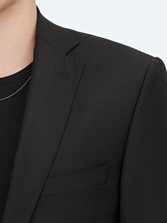 Siyah Düz Slim Fit Yün Karışımlı Takım Elbise