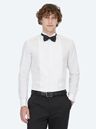Beyaz Düz Slim Fit Duble Manşet Ata Yaka Smokin Gömlek