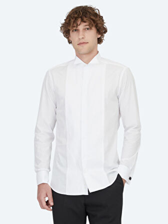 Beyaz Düz Slim Fit Duble Manşet Ata Yaka Smokin Gömlek
