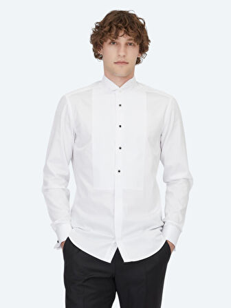 Beyaz Düz Slim Fit Duble Manşet Ata Yaka Smokin Gömlek