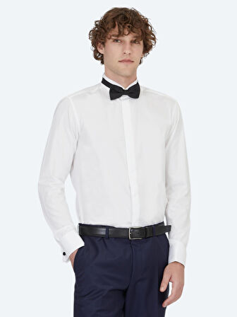 Beyaz Düz Slim Fit Duble Manşet Ata Yaka Smokin Gömlek