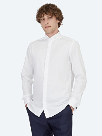 Beyaz Düz Slim Fit Duble Manşet Ata Yaka Smokin Gömlek
