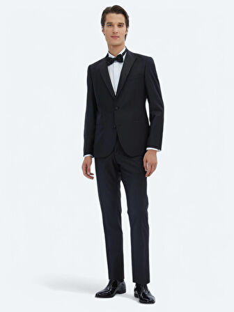 Siyah Düz Slim Fit Çıkarılabilir Kruvaze Yaka Prinç Smokin Takım Elbise