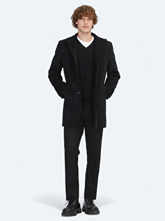 Siyah Regular Fit Dik Yaka Klasik Dokuma Palto