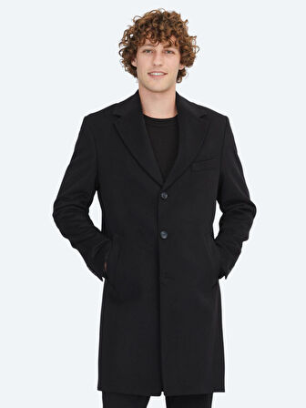 Siyah Regular Fit Kelebek Yaka Klasik Dokuma Palto