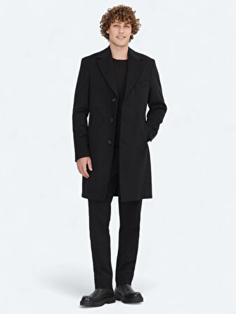 Siyah Regular Fit Kelebek Yaka Klasik Dokuma Palto