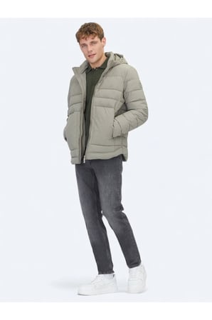 Haki Regular Fit Kapüşonlu Casual Dokuma Mont