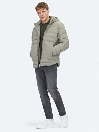 Haki Regular Fit Kapüşonlu Casual Dokuma Mont