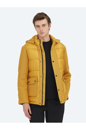 Sarı Regular Fit Kapüşonlu Casual Dokuma Mont