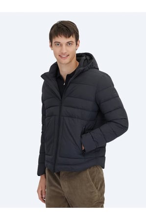 Siyah Regular Fit Gömlek Yaka Casual Dokuma Mont