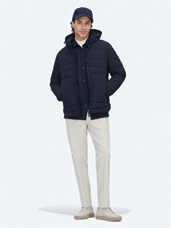 Lacivert Regular Fit Kapüşonlu Casual Dokuma Mont